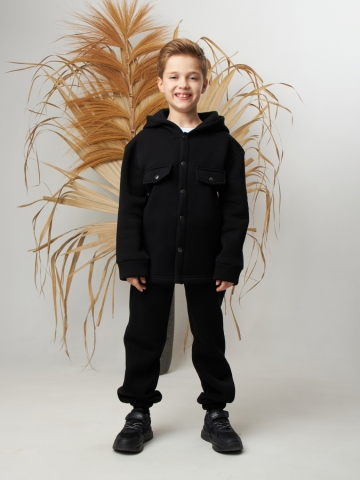 Купить оптом 333. Костюм детский (Брюки+Толстовка) на кнопках, черный, хлопок 65%, 35% ПЭ, 3-х нитка с  начесом 98,104,110,116 в Кисловодске